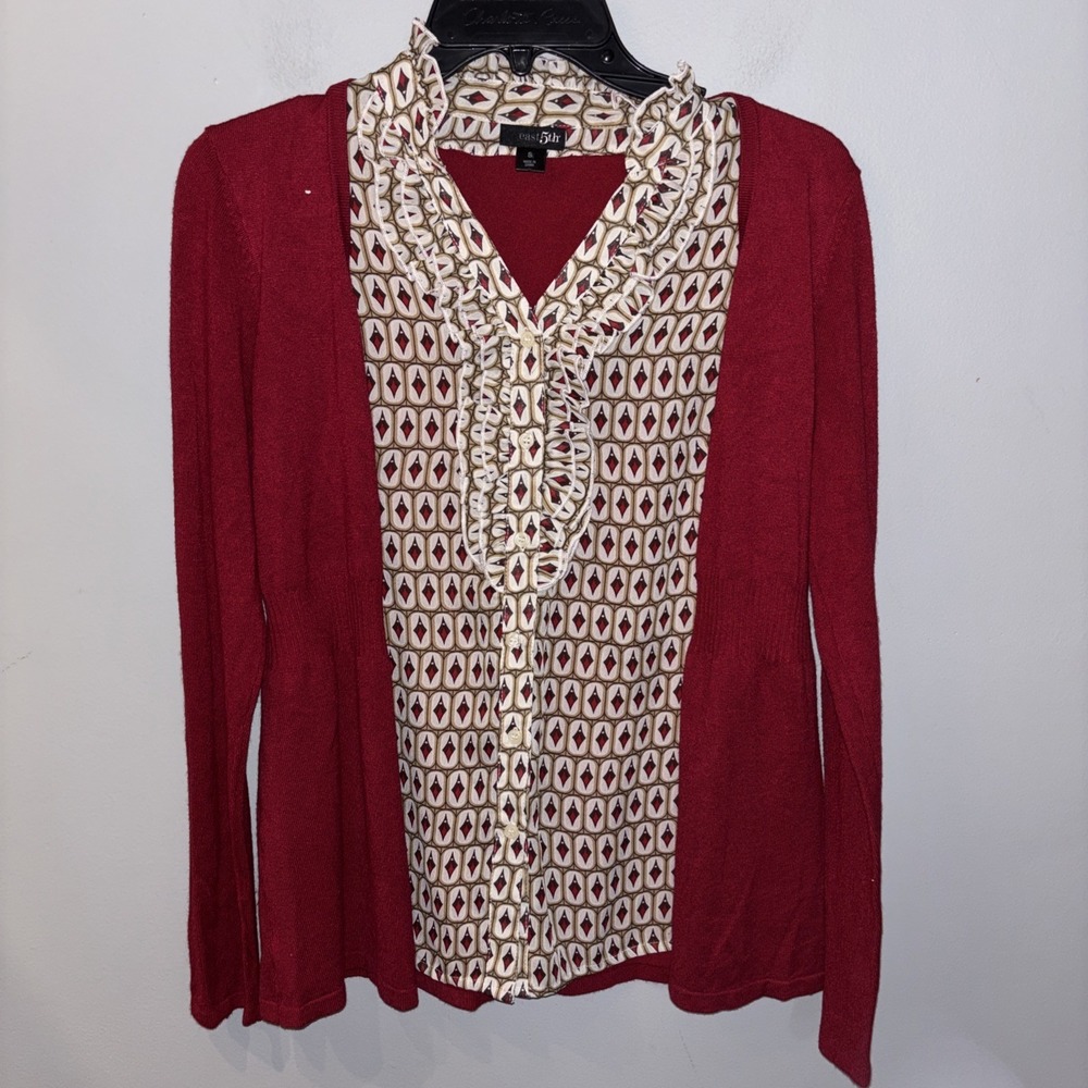 Women's One Piece Red Cardigan Sweater Sheer Blouse Ruffle High Neck Size Small